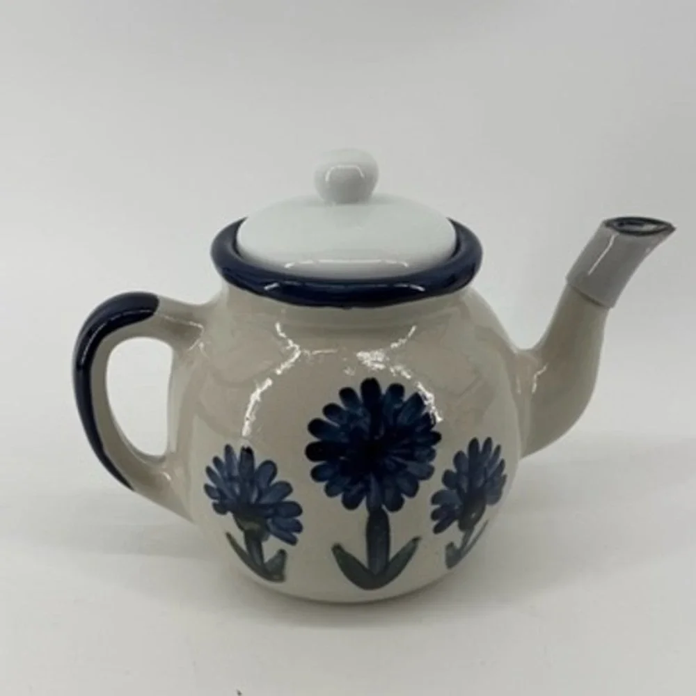 Louisville Stoneware Bachelor Button Teapot Blue Floral Kentucky Hand Painted